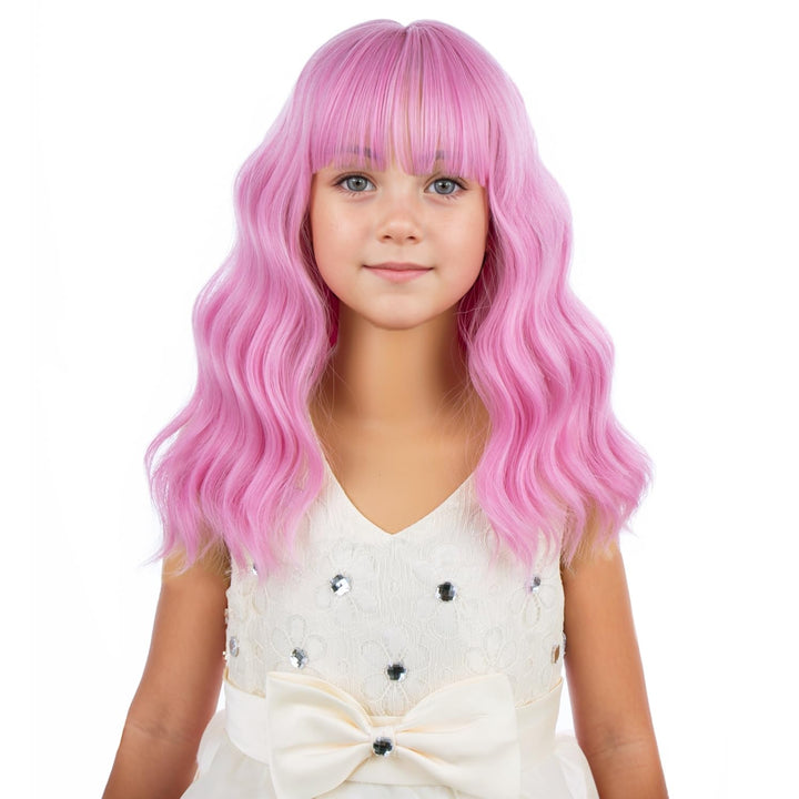 Blonde Wig Kids Child Short Wavy Wig with Bangs Flaxen Blonde Wigs Synthetic Girls Cosplay Halloween Party Costume Wigs (Flaxen Blonde)