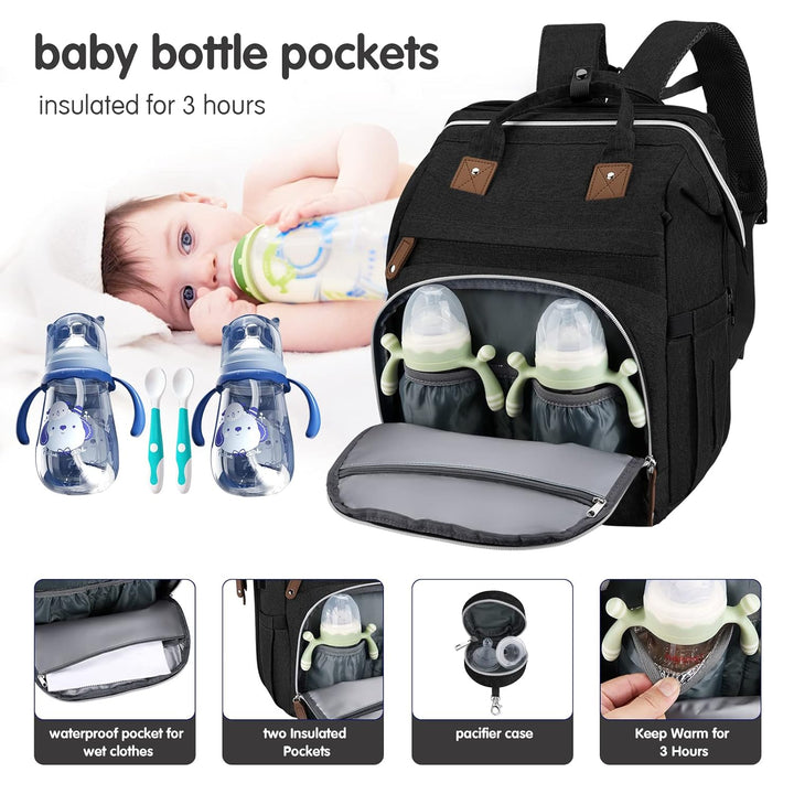 Diaper Bag Backpack – Large Capacity Baby Diaper Bag with Changing Pad, Waterproof Travel Backpack for Boys & Girls, Multi-Function Baby Bag with USB Charging Port, Black