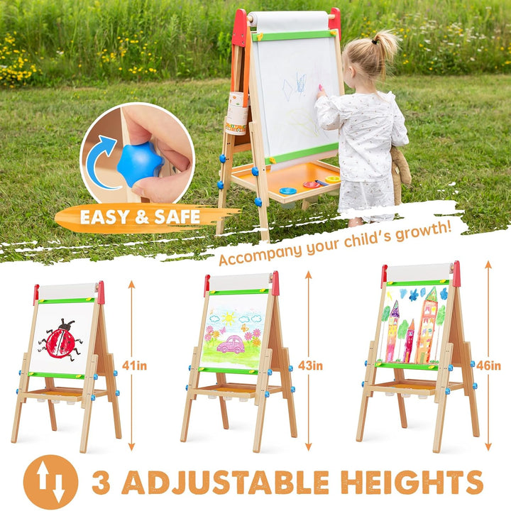 Easel for Kids with 2 Drawing Paper Roll, Learning-Toy for 3,4,5,6,7,8 Years Old Boy & Girls, Wooden Chalkboard & Magnetic Whiteboard & Painting Paper Stand, Gift & Art Supplies for Toddler