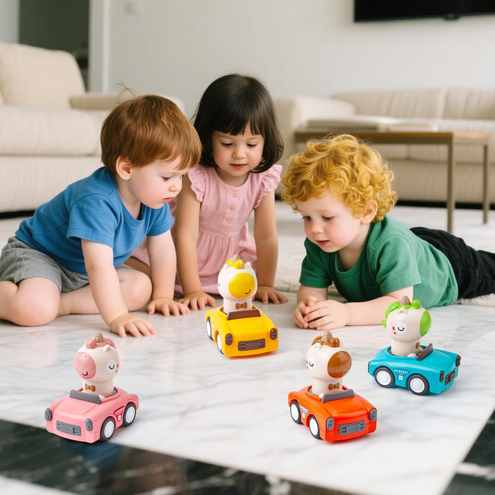 Wind up Press Cars, Four Unicorn Play Figure Racing Cars Set for Toddlers Baby Boys Girls,Animal Vehicle Toys, Press Then Go