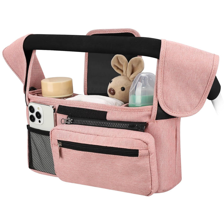 Universal Stroller Organizer with Insulated Cup Holder Detachable Phone Bag and Shoulder Strap,Stroller Bag Caddy Organizer Fits for Uppababy, Baby Jogger, Britax Strollers