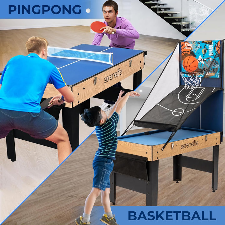 48" 6-In-1 Multi Game Table, Full-Size Indoor and Outdoor Arcade Sports Table with Pool, Air Hockey, Foosball, Basketball, Table Tennis, Dining Table, for Family, Kids, Adults