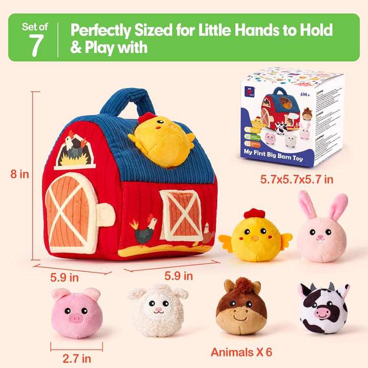 Baby Toys 6-12 Months - Surprise Barn with Stuffed Farm Animals, Rattle, Crinkle Paper, Mirror - Montessori Toys for 6 Month Old Babies, Sensory Balls Toddlers 1-3, 1 Year Old Boy Girl Gifts