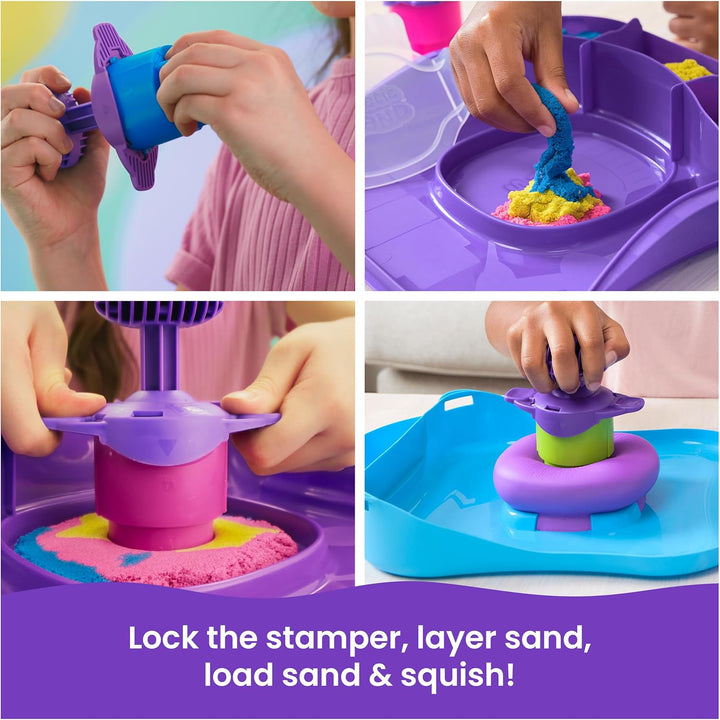 , Squishmotion with 1Lb Pink, Yellow & Blue Play Sand, Stamper & 5 Tools, Storage Case, Sensory Toys for Kids Ages 5 and Up