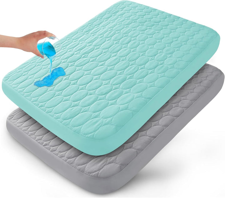 Pack and Play Sheets Fitted Quilted Waterproof Protector, 2 Pack Playard Mattress Pad Compatible with Graco Pack N Play, Mattress Cover Fits for Baby Playpen Mattress, Mini Crib, Gray & Navy Blue
