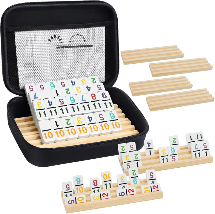 Mexican Train Dominoes Set with 4 Wooden Trays/Racks, Double 12 Dominos Travel Set with 4 Domino Tiles Holders, 91 Tiles Double 12 Colored Dominoes Game Set with Portable Case for Families Kids