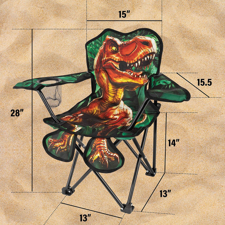 Outdoor Dinosaur Kids Camping Chair – Foldable Children’S Chair for Camping, Tailgates, Beach, – Carrying Bag Included Mesh Cup Holder & Sturdy Construction. Ages 5 to 10 (Patent Pending)