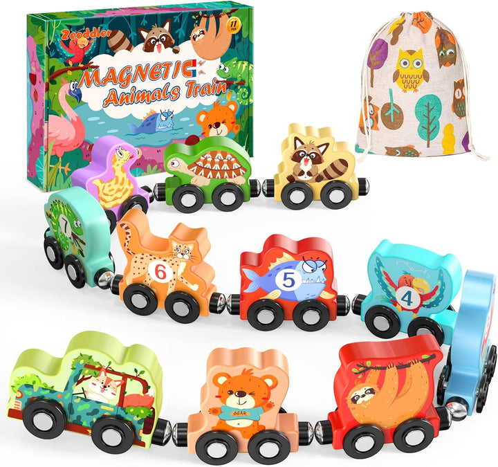 Toys for Toddlers, 11 Magnetic Wooden Animals Train Set, Montessori Toys for Toddlers, Preschool Learning Activities for Kids, Birthday Gifts for Boys, Girls