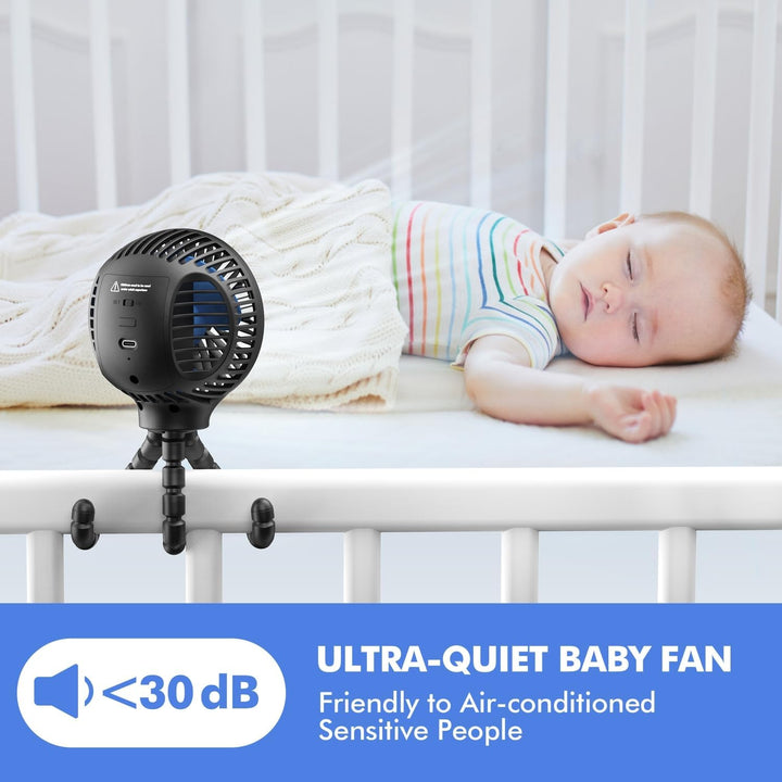 Portable Stroller Fan, 11H Ultra-Long Battery Life 3 Speed 360°Rotate, USB Rechargeable or Battery Operated Cooling Clip on for Baby Crib Travel Car Seat Black