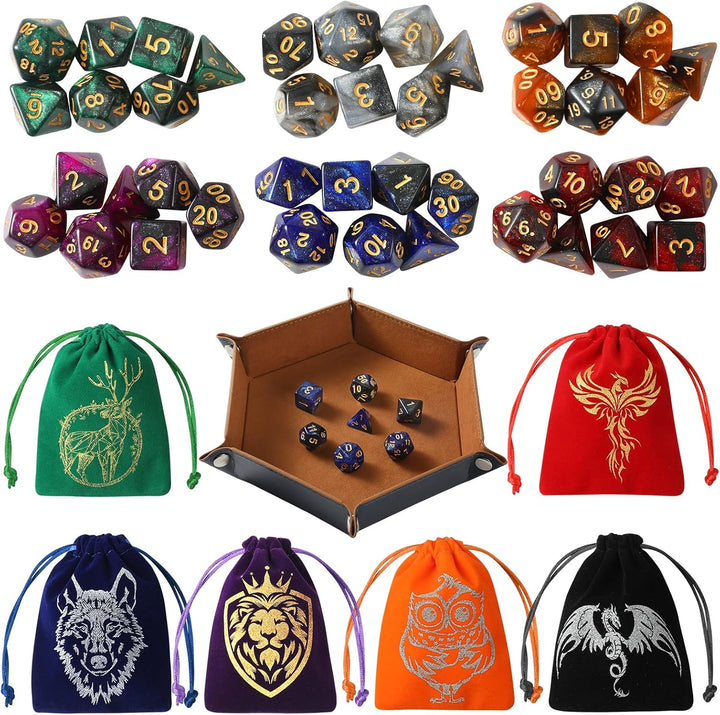 DND Dice Set, 42 Pcs Polyhedral Dice Set with 6 Colorful Animal Pattern Bag and PU Leather Velvet Tray for Dungeons Dragons D&D RPG MTG Table Games