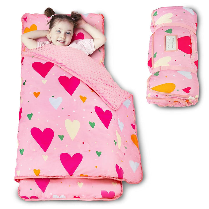 Toddler Nap Mat with Pillow and Minky Blanket, Large 55"X35" Sleeping Bag, Washable, Lightweight, Easy to Roll, Perfect for Preschool, Daycare, Kindergarten, Travel, Boys and Girls(Hearts)