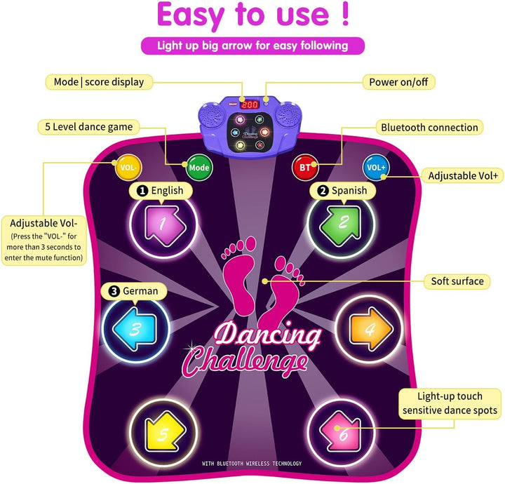 Kids Dance Mat for Girls - Toys for 4 5 6 7 8-10 Year Old Girl Birthday Gifts - Girl Toys for Ages 5-7 6-8 8-12 - Electronic Dance Pad with Light up 6 Button - Wireless Bluetooth - 5 Game Modes