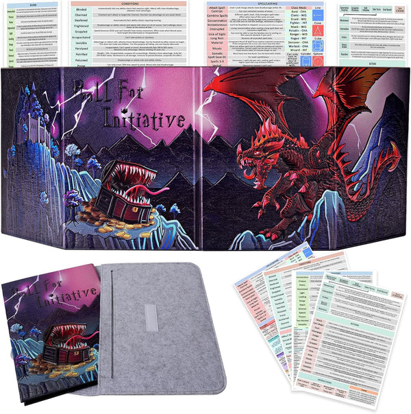 DND DM Screen Deluxe Edition: Colorfully Embossed Dragon & Mimic, Four-Panel with Pockets Dungeon Master Screen for Dungeons and Dragon, Pathfinder, D&D