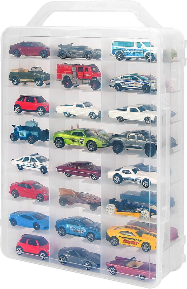 Double Sided Storage Case for 48 Toy Cars, Matchbox Cars, Portable Transparent Storage Case with 48 Compartments, Case Only (Transparent)…