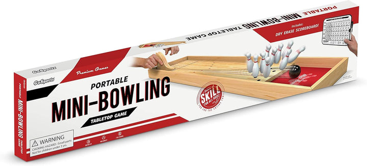 Mini Wooden Tabletop Bowling Game Set for Kids & Adults - Includes 1 Bowling Alley Board, 1 Launch Ramp, 2 Mini Bowling Balls, 10 Pins & Dry Erase Scorecard