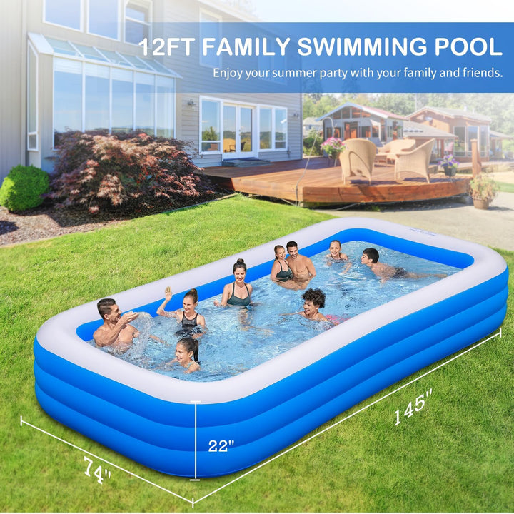 Large Inflatable Swimming Pool, 145" X 74" X 22" Extra Large Blow-Up Kiddie Pool with Repair Patch, Family Swimming Pool for Backyard, Summer Water Party, Indoor Outdoor