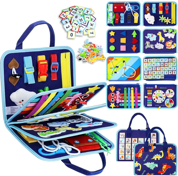 Toddler Busy Board Montessori Toys for Boys, Sensory Board Educational Activities for Learning Fine Motor Skills, Birthday Gifts for Boys Toddlers, Travel Toys for Airplane Car, Blue Dinosaur