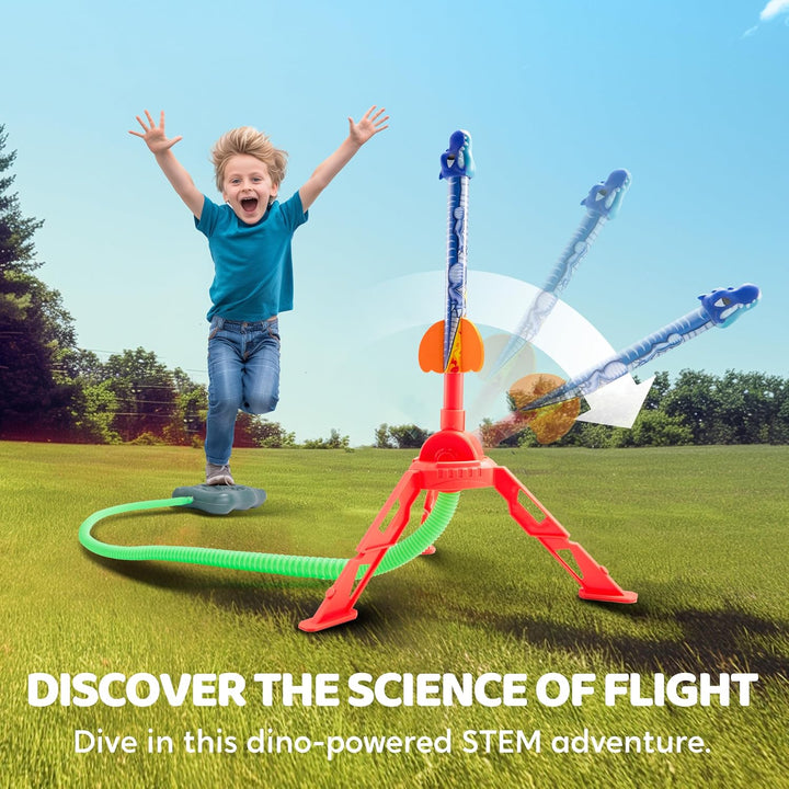 Dinosaur Toy Rocket Launcher for Kids, 6 Dinosaur Foam Rockets, Launch up to 100 Ft, Family Fun, Birthdays, Gift for Kids Boys 3 4 5 6 7 8 Years Old