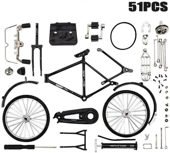 DIY Bicycle Model Scale Kits, 1:10 Simulation DIY Retro Bicycle Model Ornament for Kids. with Inflatable Tube and Briefcase, Simulation Mini Bicycle Model Scale DIY Kit Assembly Bicycle Model 51Pcs