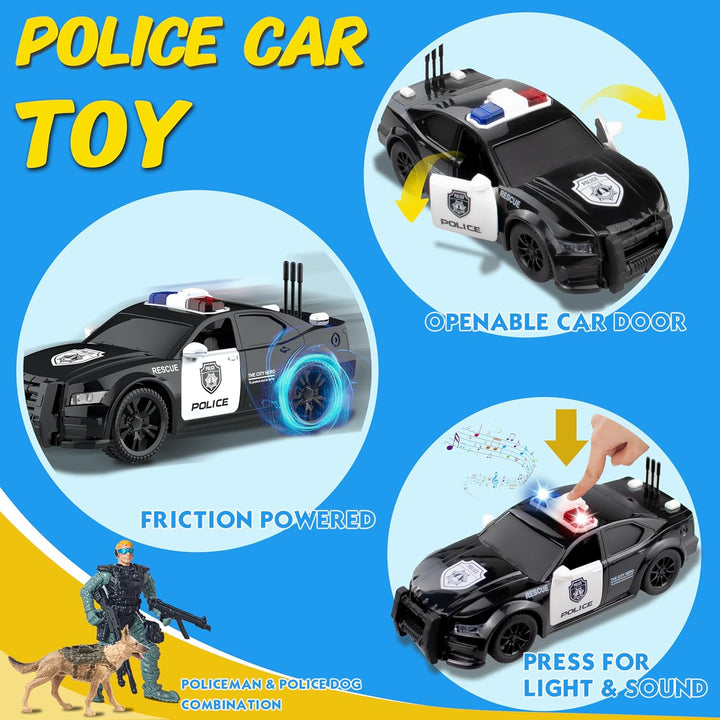 4 in 1 Toy Vehicle Playsets,Including Police Car,Fire Truck,Ambulance ,Toy Helicopter,2Fireman 1Policeman,Andk9 Dog, Friction Powered Vehicles with Light and Sound,Best Toddler Gifts