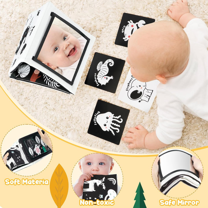 Tummy Time Mirror Toys, High Contrast Black and White Baby Toys for Newborn, Baby Boy Girl Gifts, Visual Stimulation Learning Activity Cards, Soft Baby Book, Montessori Infant Toys 0-12 Months
