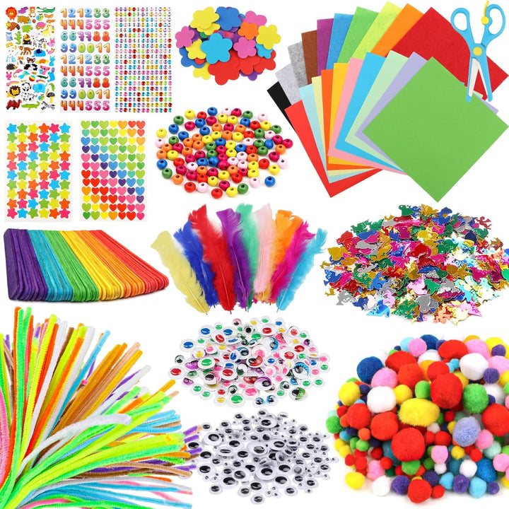 Pipe Cleaners Craft Supplies, 1500+Pcs Arts and Crafts Supplies Including Pipe Cleaner Wiggle Googly Eyes Pom Poms Feathers Sticks Sequins Foam Flowers Papers Felt Stickers