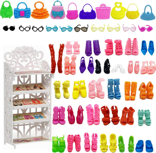 51PCS Doll Accessories + 1 Shoe Rack 30 Pairs Doll Shoes 10 Doll Handbags 10 Doll Glasses Replacement Fashion Playset Accessories Different Assorted Colors High Heel Boots for 11.5 Inch Girl Doll
