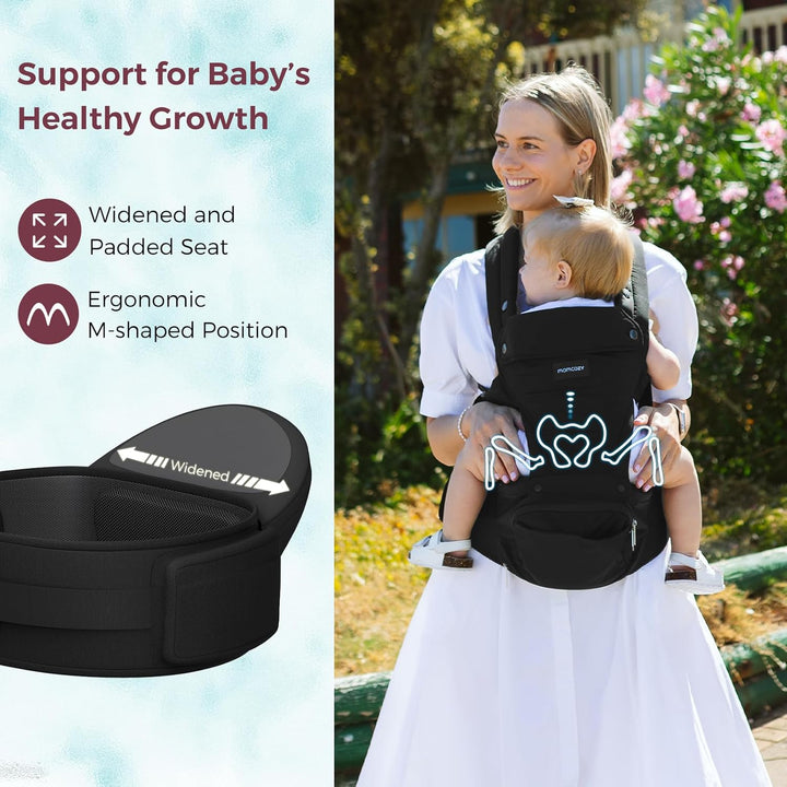 Baby Carrier with Hip Seat, 2-In-1 Forward-Facing Carry for Active Babies, Detachable Hands-Free Infant Carrier up to 44Lbs, All Seasons Toddler Carrier Fits Waist Sizes up to 45 Inches, Black
