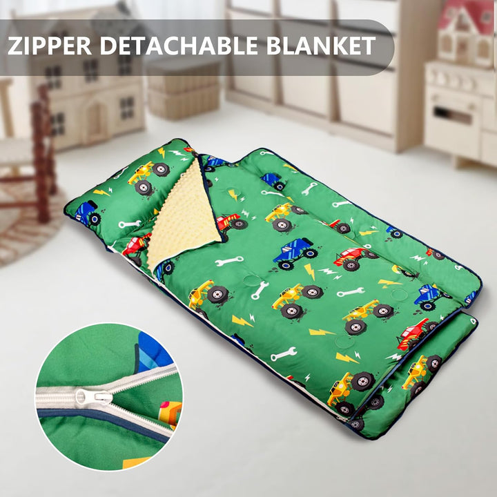 Toddler Nap Mat Extra Large Thickened 55''X35'', Soft Sleeping Bag with Detachable Minky Blanket and Pillow, Portable for Daycare, Preschool, Kindergarten, Travel, Boys and Girls