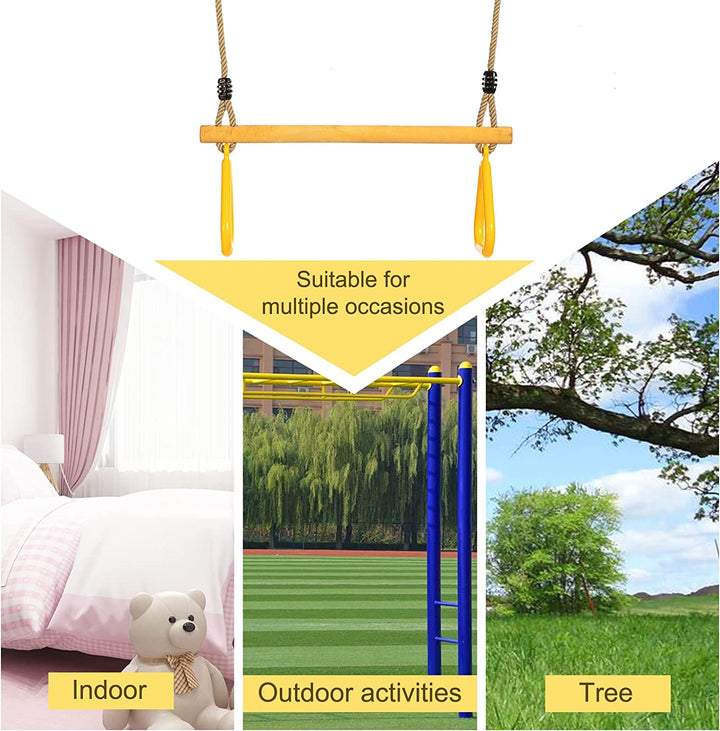 Wooden Trapeze with Plastic Gym Rings Trapeze Swing Bar with Adjustable Rope for Indoor Playground 2 in 1 Swing Set Yellow