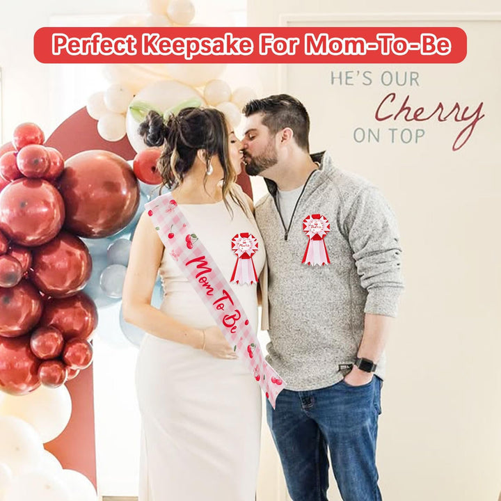 Cherry Baby Shower Decorations Mom to Be Sash Dad to Be Corsage Set, Cherry on Top Baby Shower Mommy to Be Sash for Expecting Parents Gift