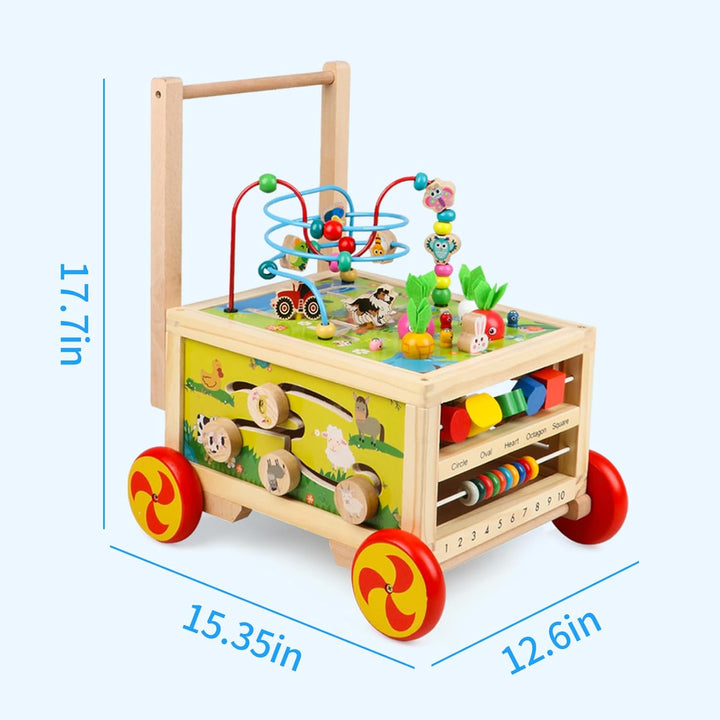Wooden Activity Cube 7-In-1 Montessori Toy Multipurpose Educational Learning Toy for 1+ Year Old Baby Toddler Kid Boy First Birthday Gift Bead Maze Gear Number Animal Board Carrots Harvest Game