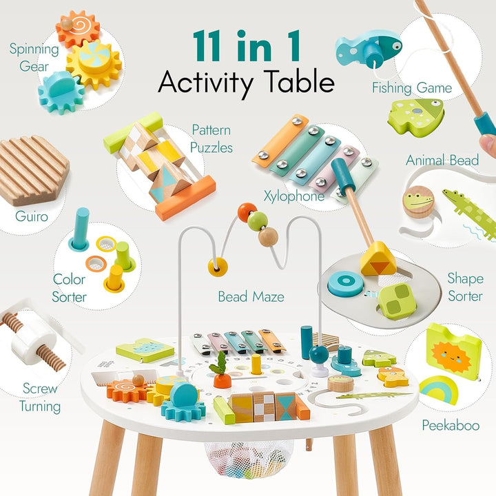 Wooden Activity Table for 1 Year Old, 11-In-1 Montessori Learning Table with Bead Maze, Shape Sorter, Fishing Game & More – Sensory Development Toy for Toddlers, Ideal 1St Birthday Gift