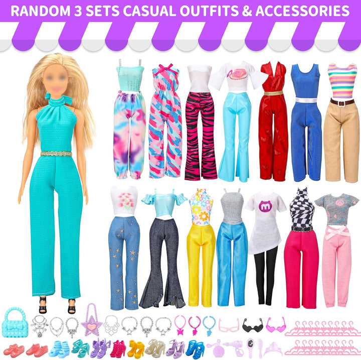 70 Pcs Doll Clothes and Accessories,4 Wedding Gowns 2 Evening Dresses 8 Fashion Dresses 6 Set Casual Outfit Top and Pant 2 Swimsuit,18 Hanger 10 Shoe 20 Accessories Toys for Girls Kid Gift