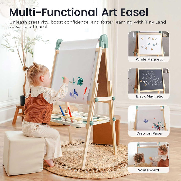 Easel for Kids, Double-Sided Magnetic Easel with Drawing Accessories, Adjustable Wooden Kids Art Easel with Paper Roll, Learning-Toy for 3,4,5,6,7,8 Years Old Boy & Girls Green