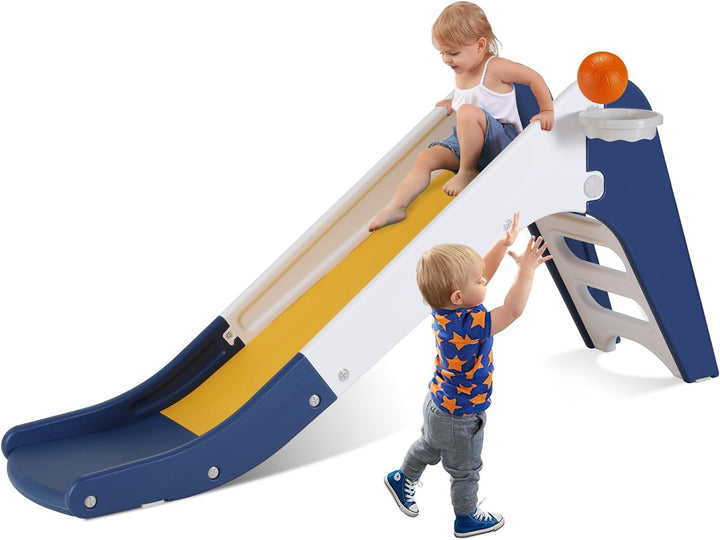 Freestanding Kids Slide, Toddler Slide Climber with Basketball Hoop & Ball, Baby Playset W/Long Slope, for Boys and Girls Birthday, Sturdy Playground Toy for Indoor Outdoor (Grey White)