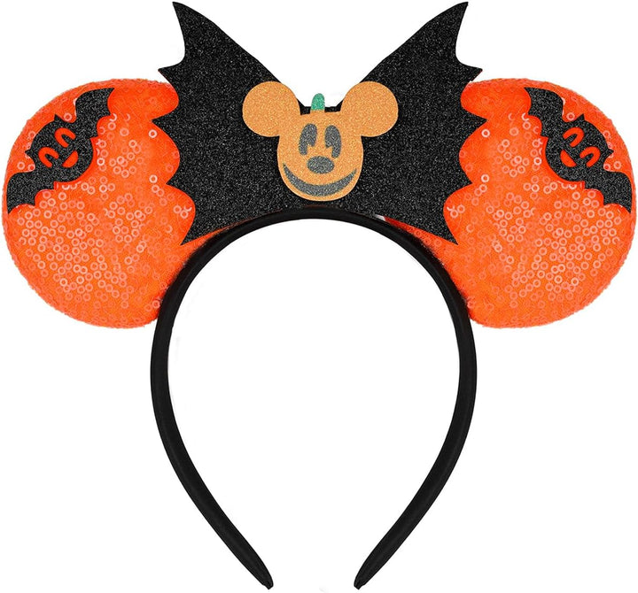 Mouse Ears, Sequin Mouse Ears Headband for Girls Women Halloween Birthday Party (Orange Bow)