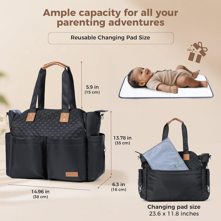 Diaper Bag Tote, Large Diaper Bags Waterproof,Large Mommy Bag for Hospital, Baby Bags for Mom Travel Diaper Tote Messenger Purse, Quilted Black
