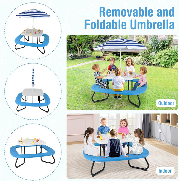 8 Seat Kids Picnic Table with Umbrella & 4 Built-In Benches, Fits 8 Children, Indoor Outdoor Toddler Picnic Table for Backyard Lawn & Patio (White+Blue)