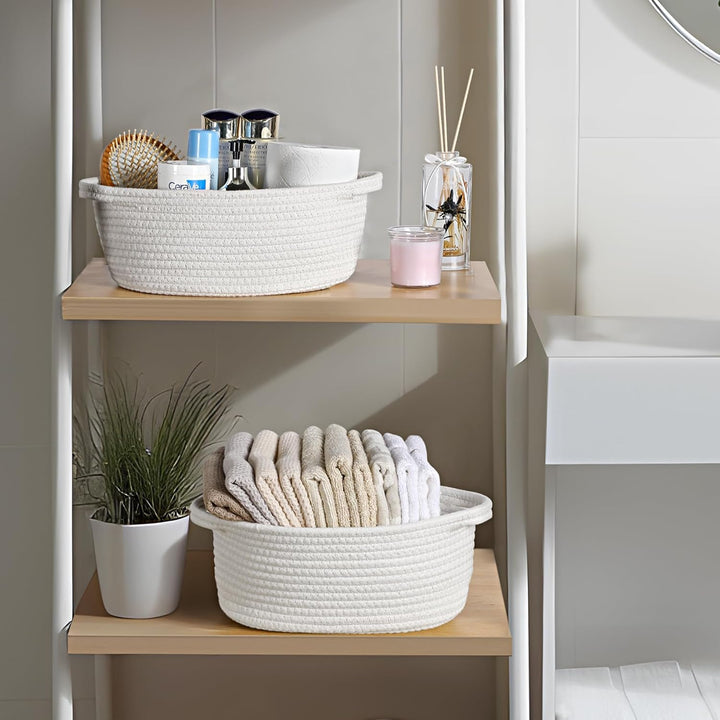 2 Pack Small Woven Basket with Gift Bags and Ribbons, Empty Decorative Gift Chest Box, Cute Baby Gift Basket for Nursery, Cotton Rope Room Shelf Storage Basket with Handles, All 12"X 8"X 5",White
