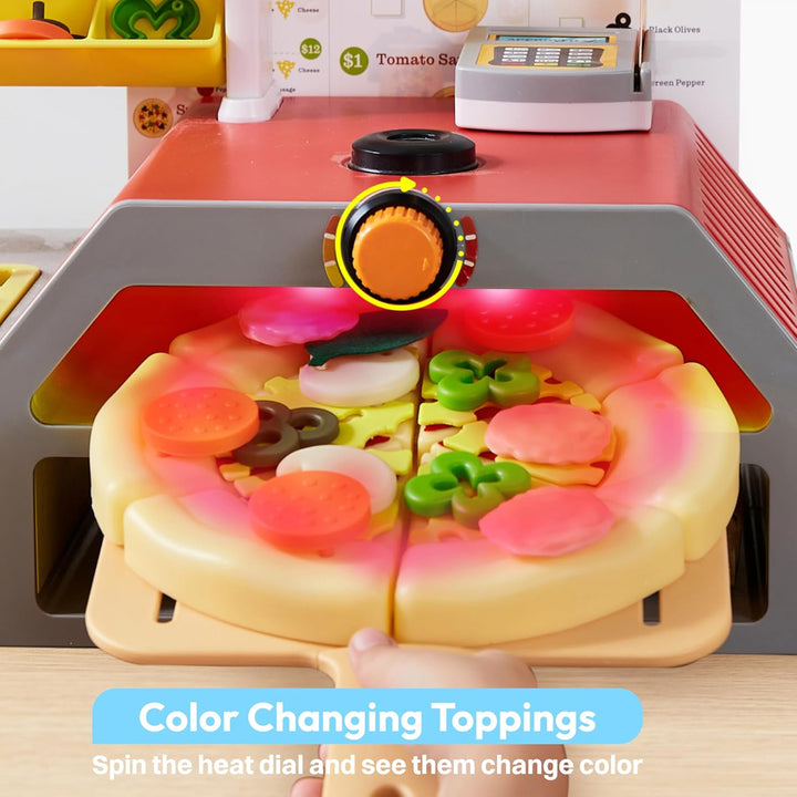 Play Kitchen Food Toy - Pretend and Play Toddler Toys - 78 PCS Pizza Oven with Pretend Smoke, Light & Sound and Color-Changing Toppings - Birthday Gift for Boys Girls