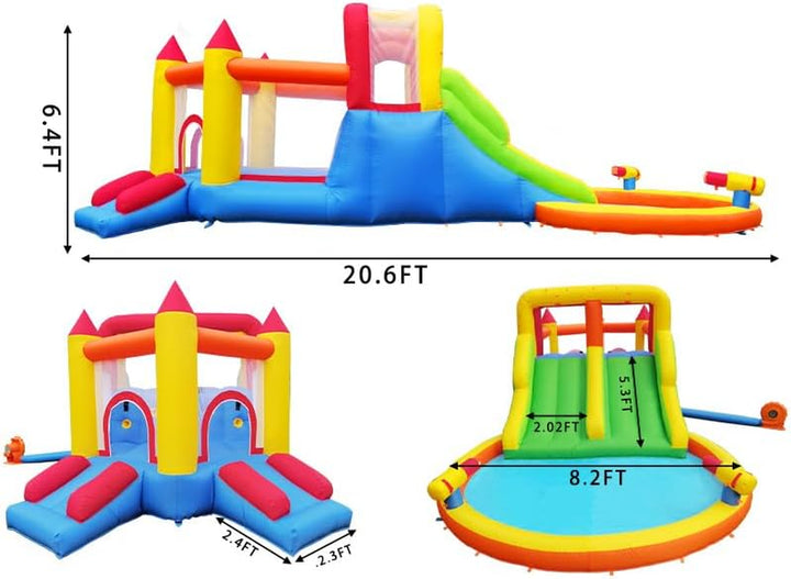 Infiatable Bonuce House with 4 Slides & Large Splash Pool, Water Park with Ultra-Wide Climbing Wall, Jumping, Water Cannons & Surprise Water Sprayers for 3-10 Yr Kids(20.6'Lx9.6'Wx6.4'H)