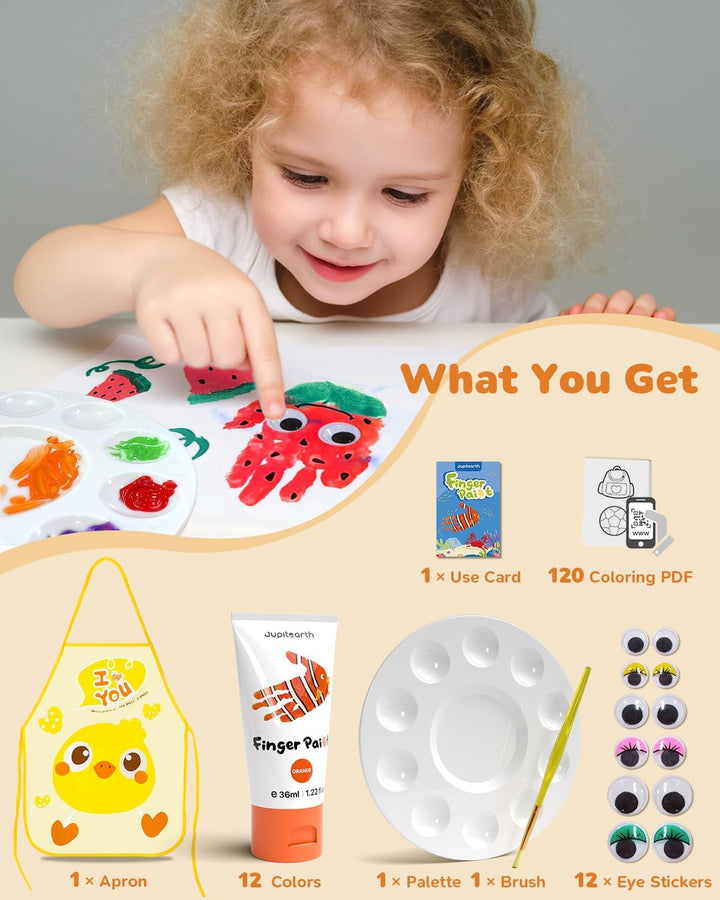 28 PCS Finger Paint, Washable Paint for Todllers 1-3, Non-Toxic 12 Vibrant Colors (1.22Fl Oz/36Ml ) , Palette, Apron, Brush, Eye Stickers, Baby Safe Paints for Hand and Feet, Safe Preschool Art Supplies for Kids