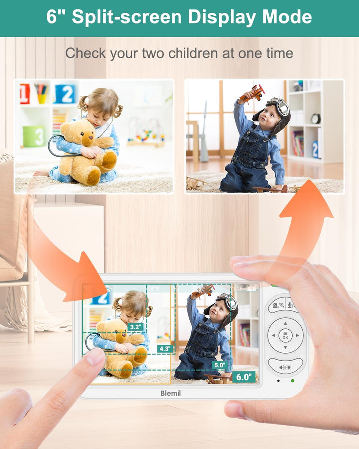 6" Baby Monitor with 2 Cameras 4000Mah Battery Upgrade Split Screen Video Baby Monitor No Wifi Remote Pan-Tilt-Zoom Auto-Night Vision 150 Languages ECO Mode 2-Way Talk 1000FT (Ideal Condition)
