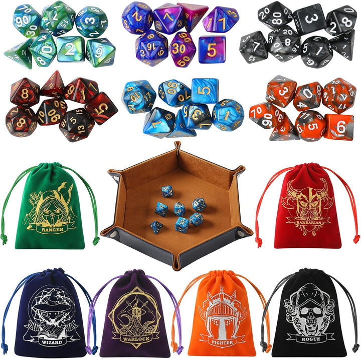 DND Dice Set, 42 Pcs Polyhedral Dice Set with 6 Colorful Animal Pattern Bag and PU Leather Velvet Tray for Dungeons Dragons D&D RPG MTG Table Games