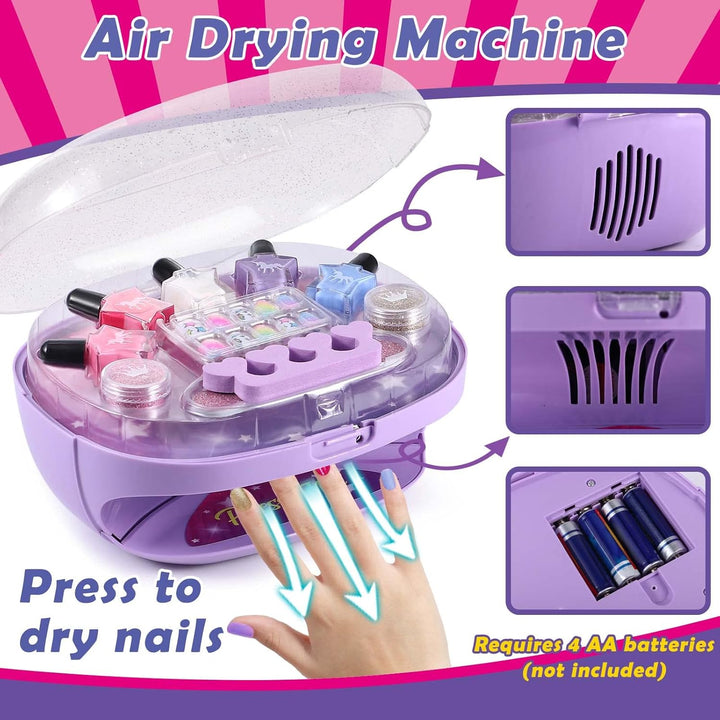 Kids Nail Polish Set for Girls, All-In-One Nail Art Kit - Dryer/ Glitter Powder/ False Nails/ Nail Decals/ Toe Separator/File, Age 3-12 Little Girl Gift Toys