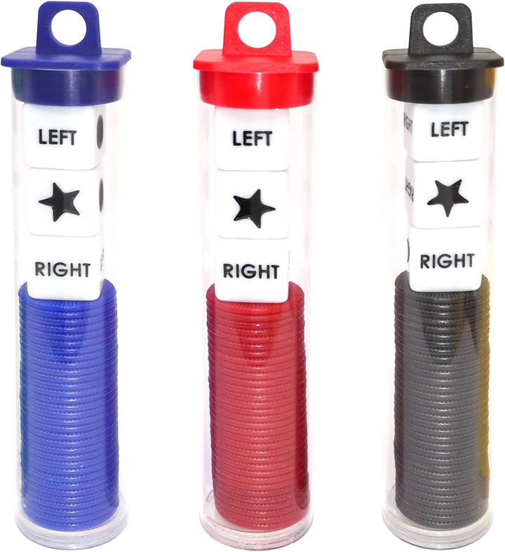 Left Right Center Dice Game Prime Set Bundle with 3 Dices + 36 Chips. round Tube Storage Is Very Convenient for Travel. Easy to Store, Carry Around. (Blue)