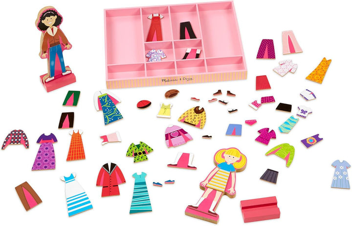 Abby and Emma Deluxe Magnetic Wooden Dress-Up Dolls Play Set (55+ Pcs) Magnetic Paper Dolls for Kids Ages 3+