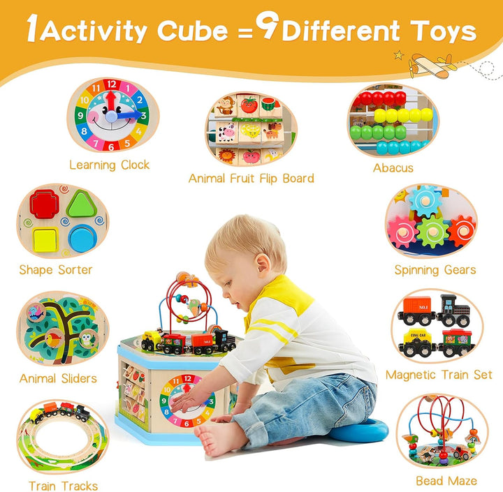 Wooden Activity Cube 9-In-1 Montessori Toys for 1+ Year Old Boys Girls Educational Learning Toys for Toddlers Age 1-2 One Year Old First Birthday Gift Bead Maze Magnetic Trains Track Shape Sorter