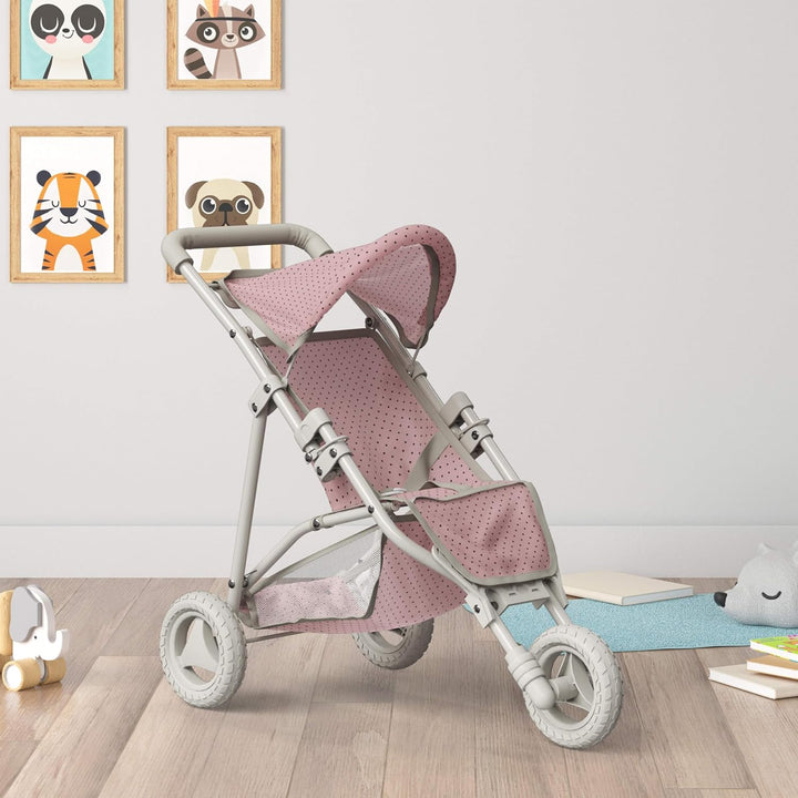 Doll Jogging-Style Stroller with Canopy, Storage Underneath, Pink and Cream and Gray